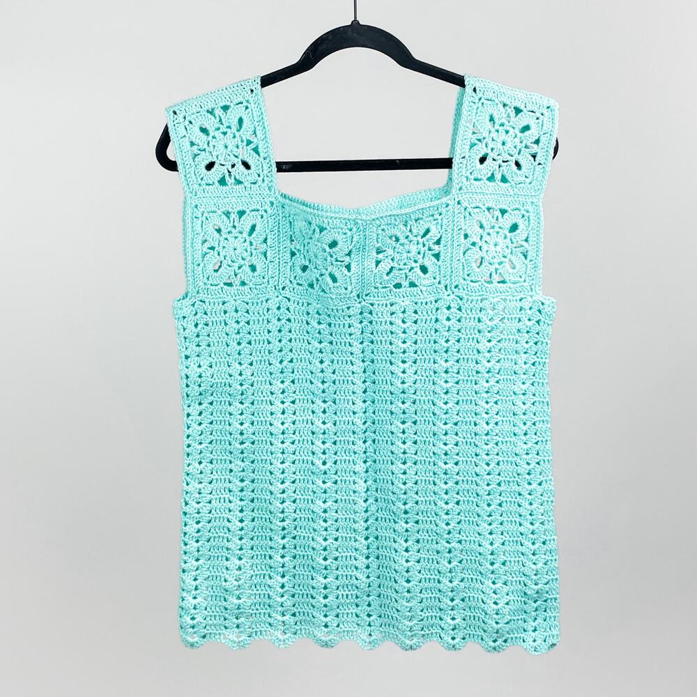 Vintage Crochet Floral Open Knit Tank Top Blue Cottagecore Blouse Shirt Handmade